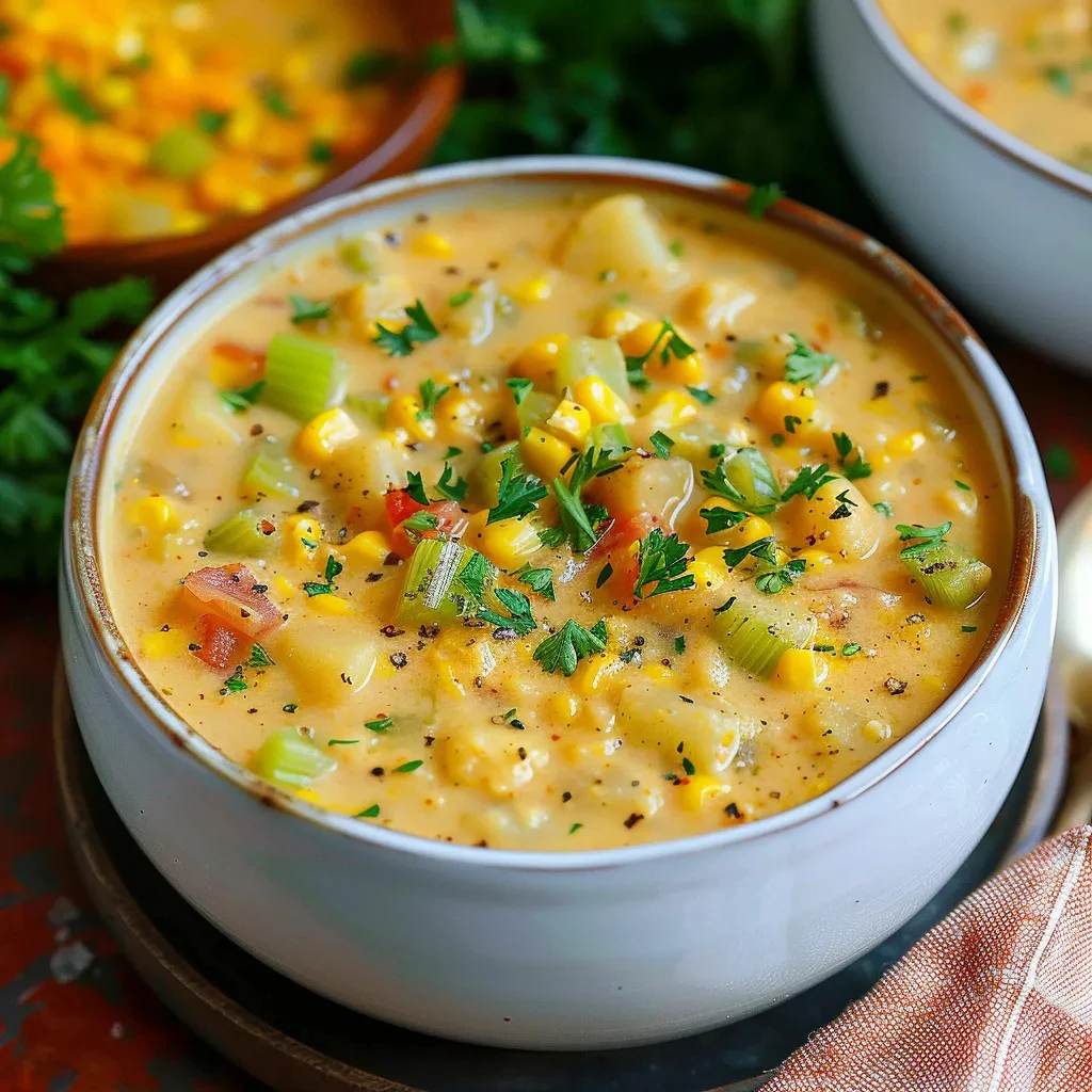 Bowl of creamy corn chowder topped with fresh herbs