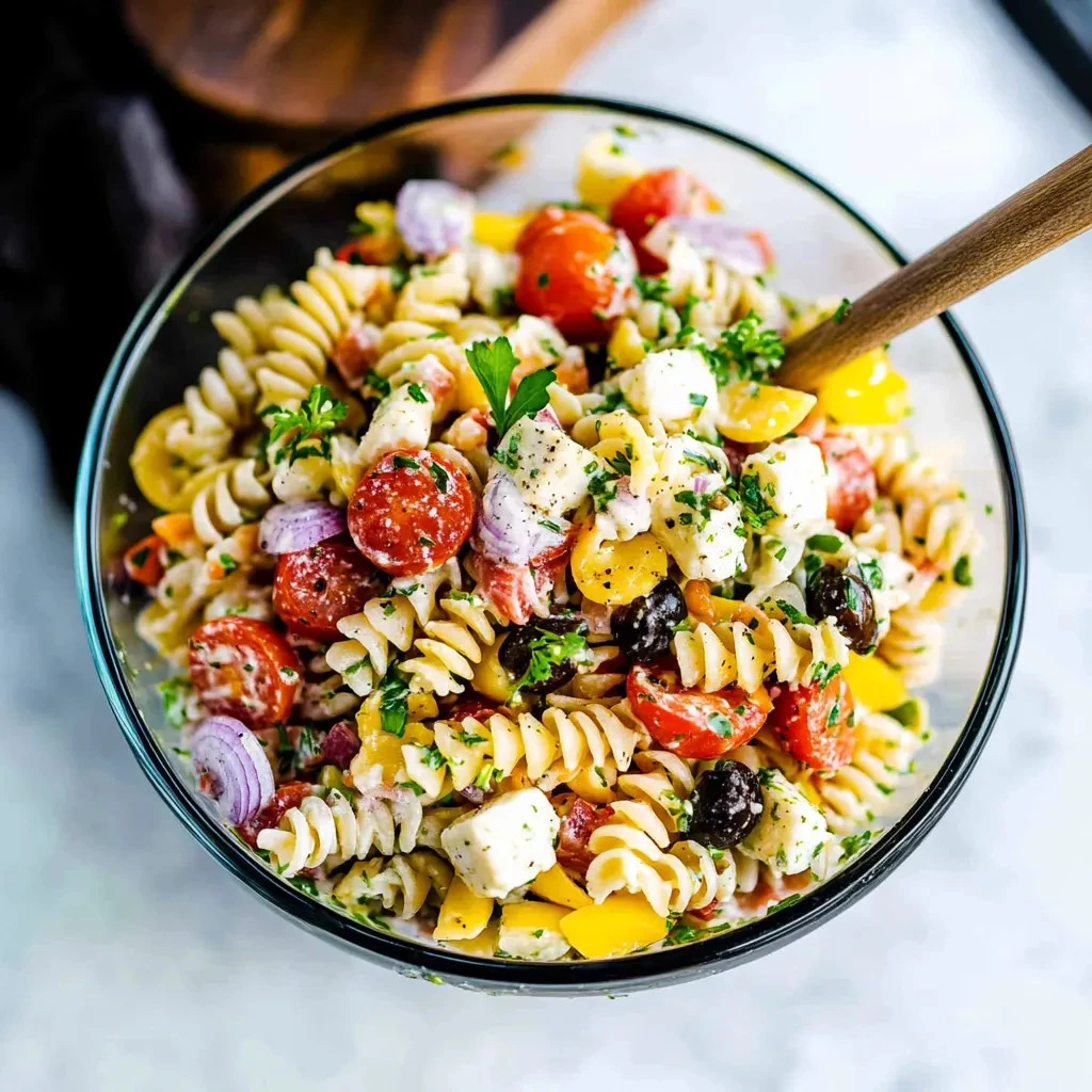 Colorful and fresh pasta salad with vegetables and dressing
