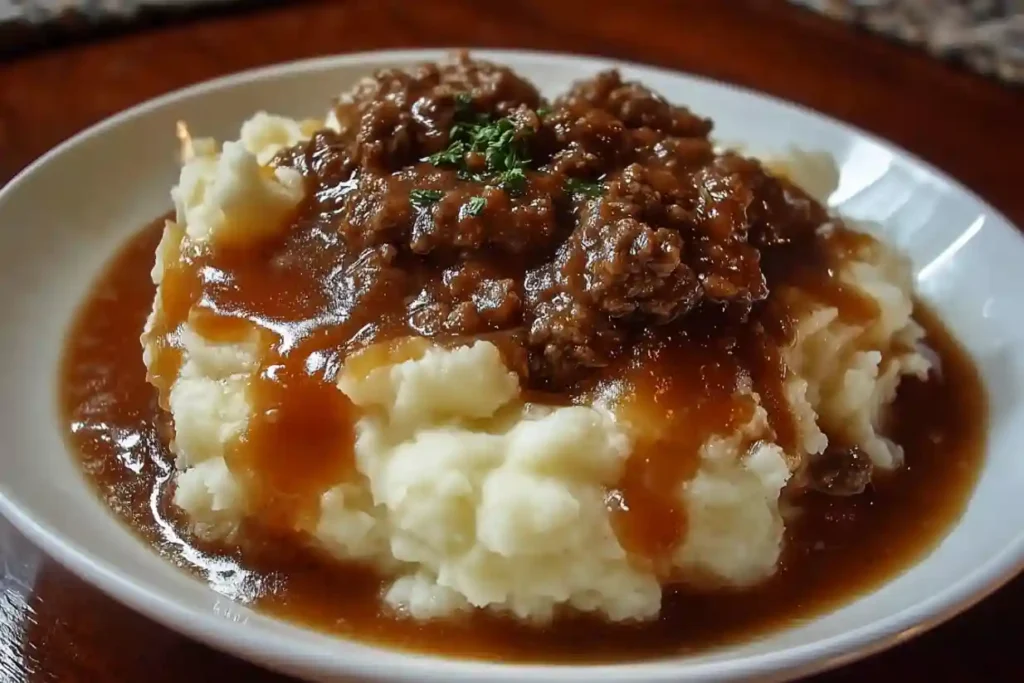Ground Beef and Gravy Over Mashed Potatoes