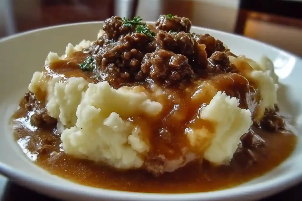 Ground Beef and Gravy Over Mashed Potatoes