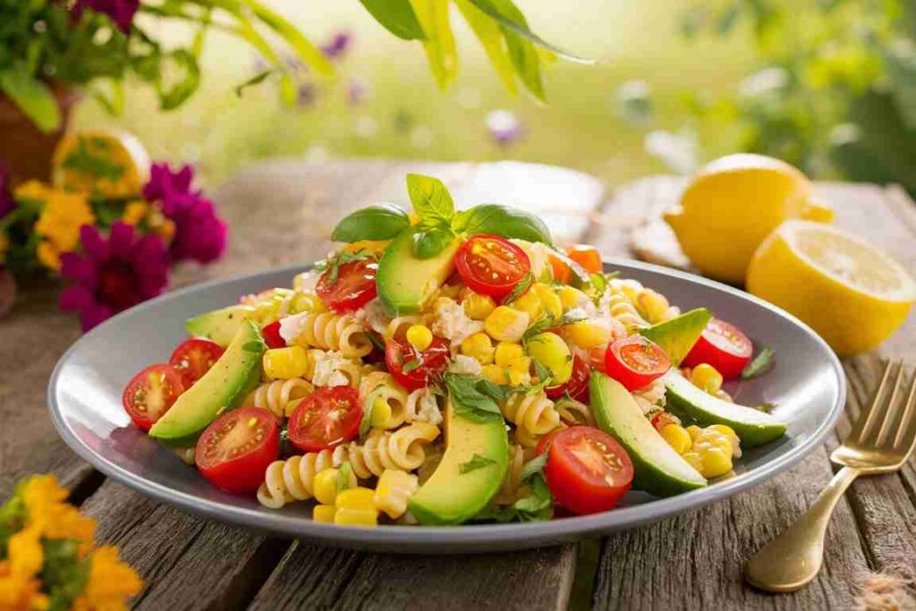 Brighten up your week with this tasty Pasta Salad with Corn and Avocado! It's fresh, easy to make, and perfect for busy weekdays or a sunny weekend picnic. My family loves it! Try it today! #PastaSalad #Foodie #HealthyEats #Yum #AvocadoLove
