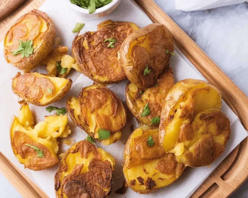 Crispy Air Fryer Smashed Potatoes served with herbs and dipping sauces.