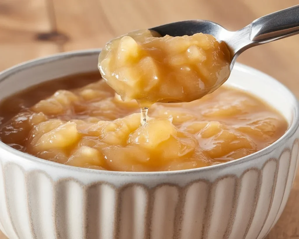 A freshly made bowl of homemade applesauce with apples and cinnamon.