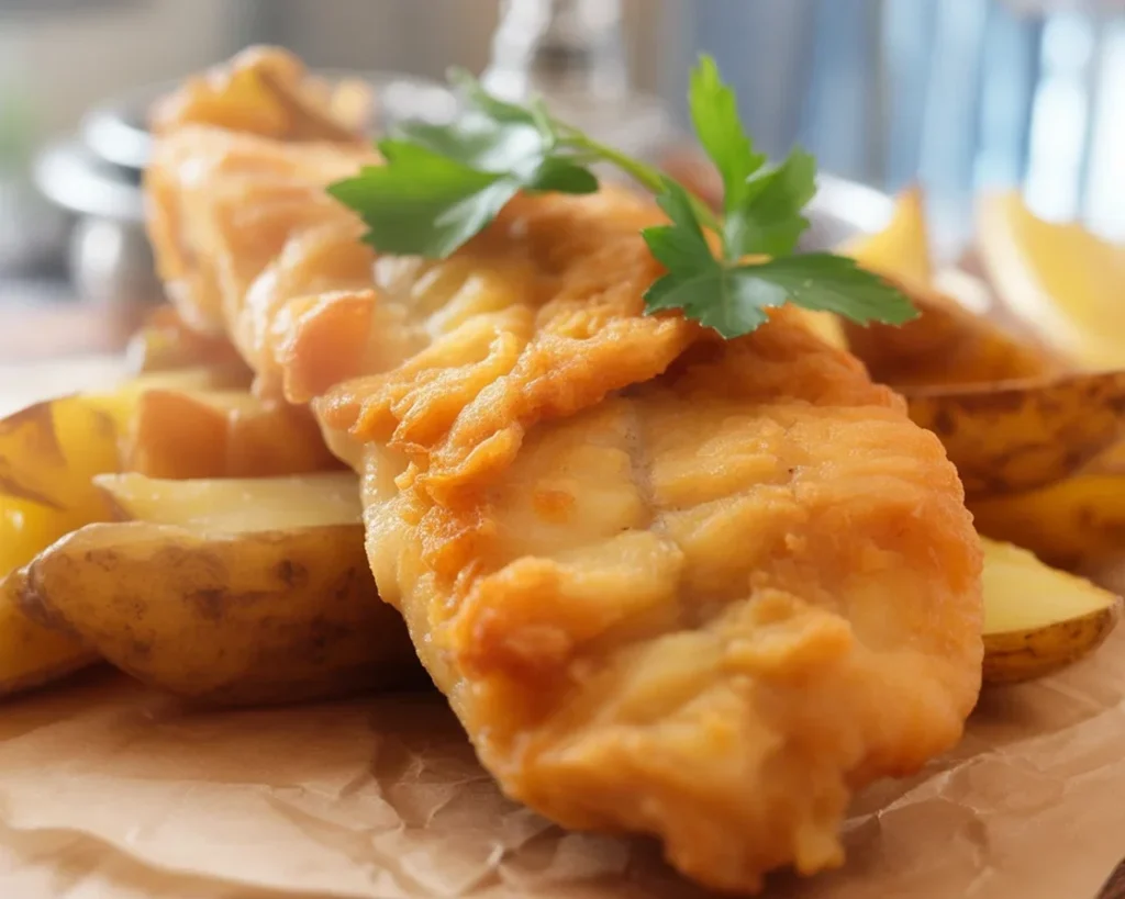 Crispy beer-battered fish and chips served with tartar sauce and lemon wedges.