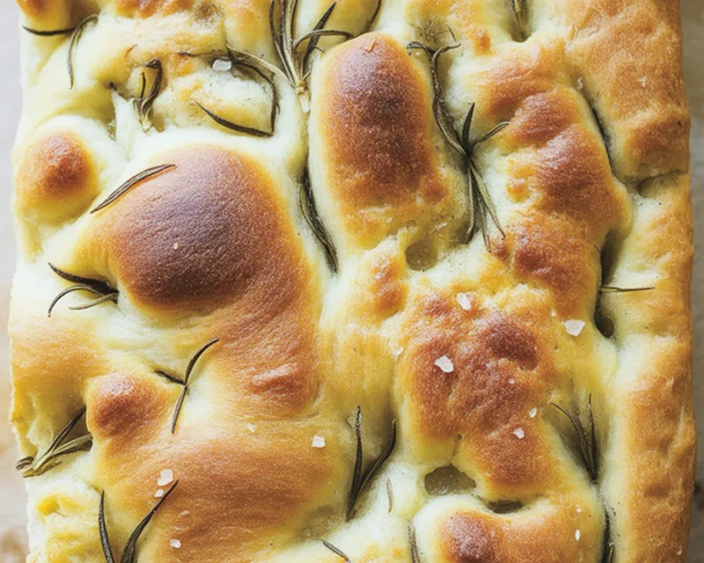 Freshly baked focaccia bread topped with rosemary and sea salt, showcasing its golden texture.