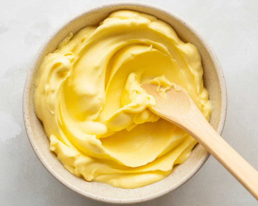 Homemade butter made from heavy cream in a mixing bowl.