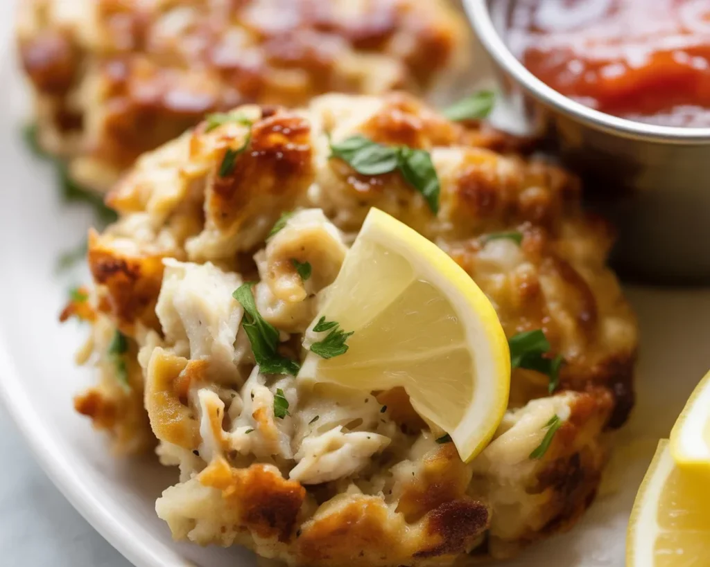 Delicious homemade Maryland crab cakes ready to be served with a side of tartar sauce.
