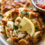 Delicious homemade Maryland crab cakes ready to be served with a side of tartar sauce.