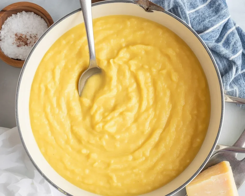 Creamy polenta served with parmesan cheese and fresh herbs in a bowl.