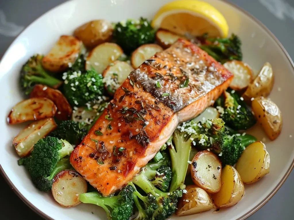 Salmon with Roasted Potatoes and Broccoli