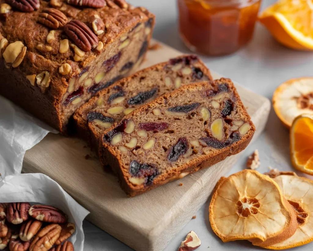 Moist and flavorful Christmas fruitcake made with dried fruits and spices.