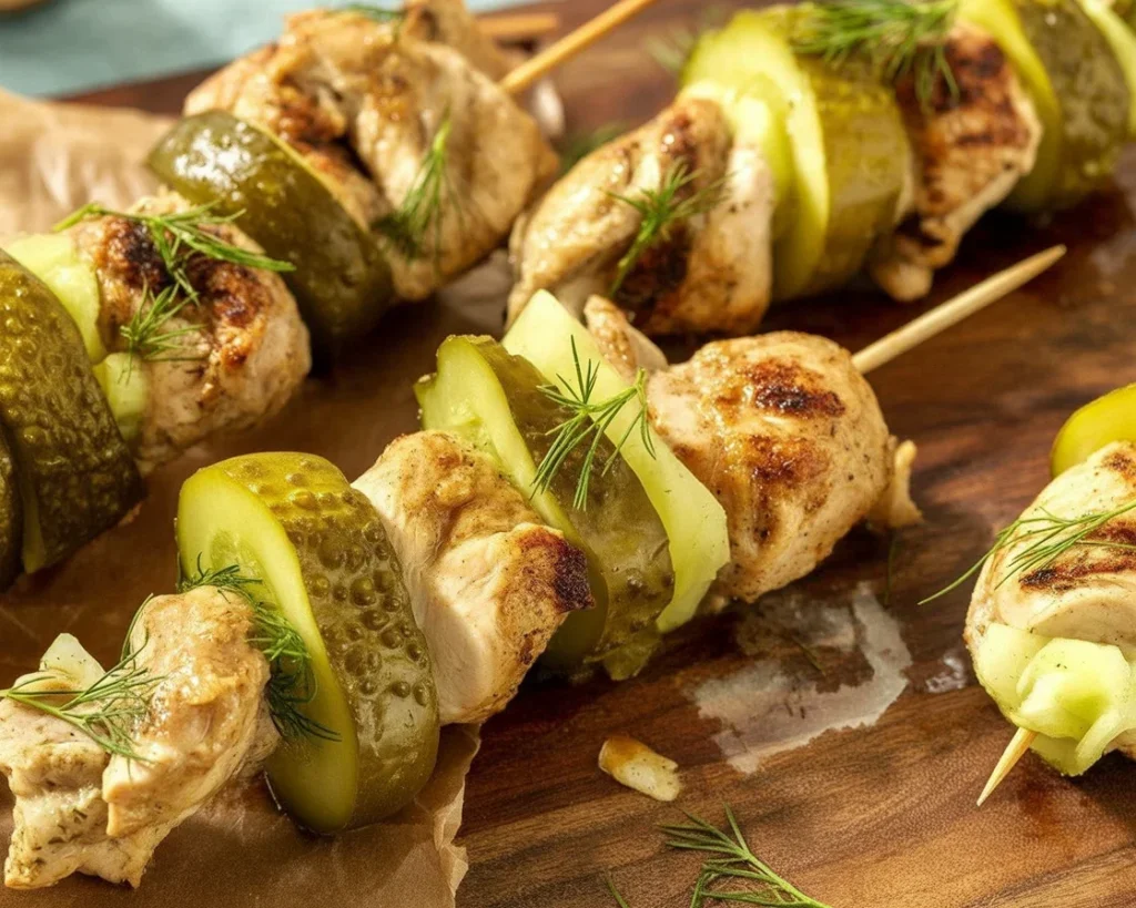 Dill Pickle Chicken Skewers grilled and served with ranch dressing.