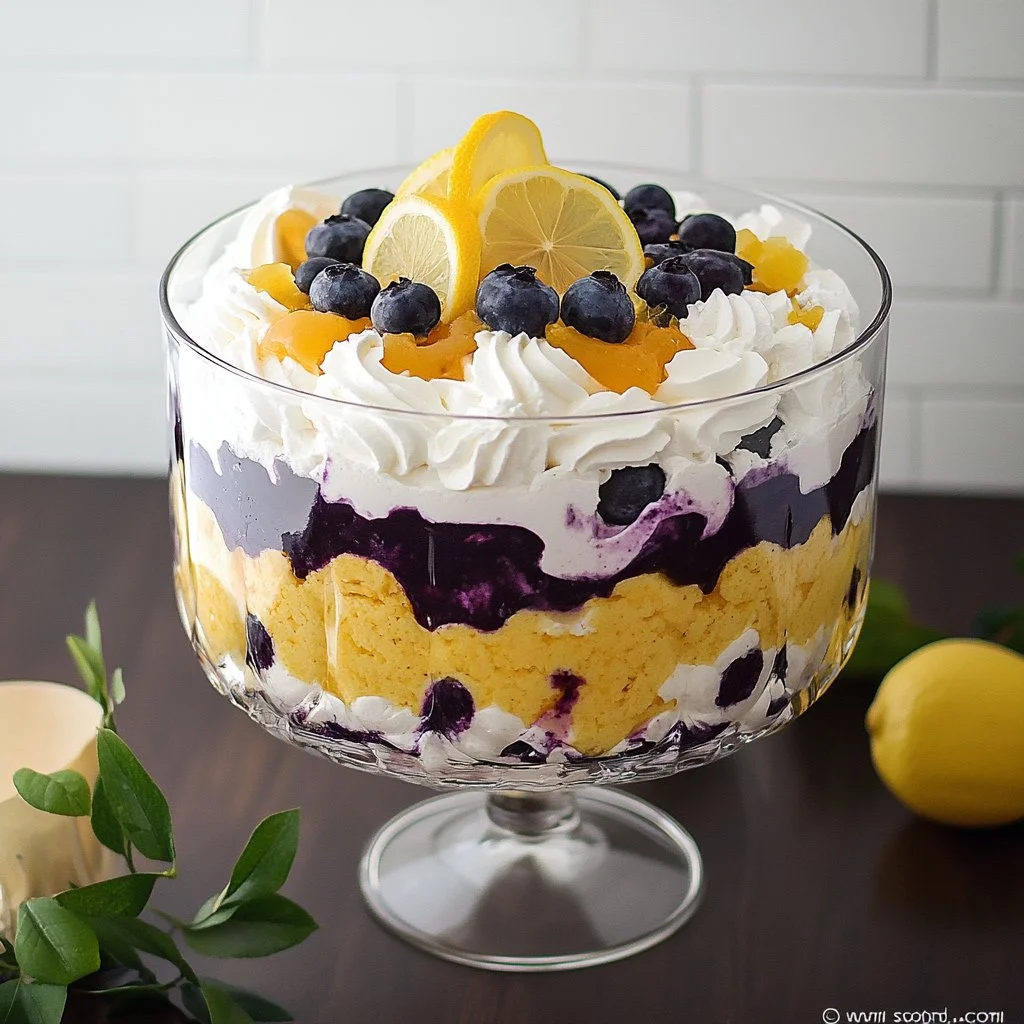 Delicious blueberry lemon trifle dessert with layers of custard and berries