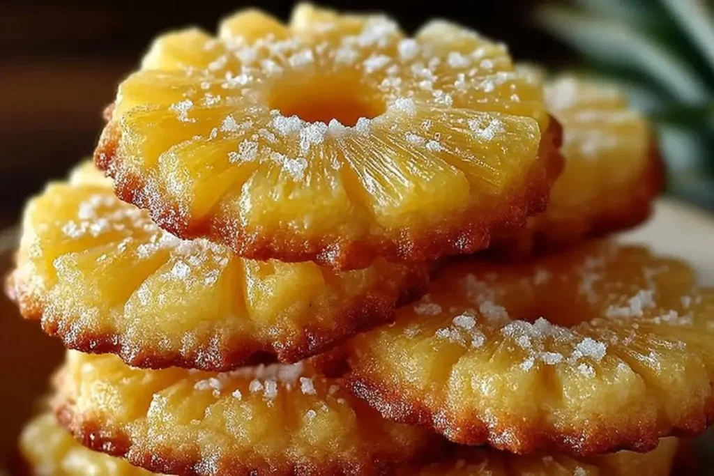 Pineapple Upside Down Sugar Cookies on a plate with cherries and pineapple slices
