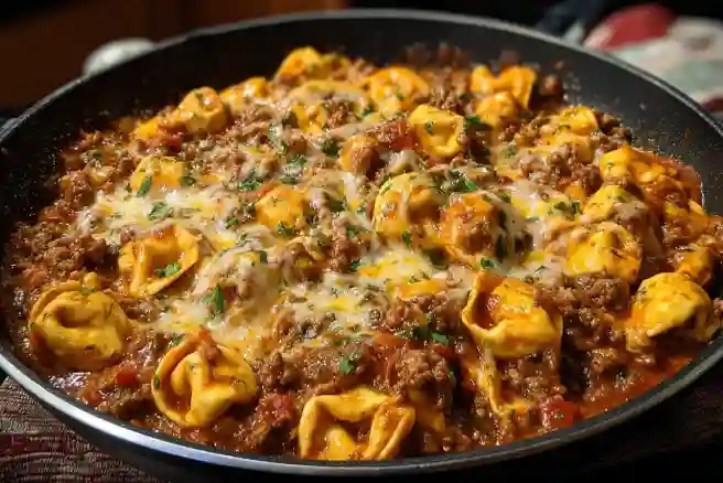 Cheesy Enchilada Beef Tortellini Skillet
