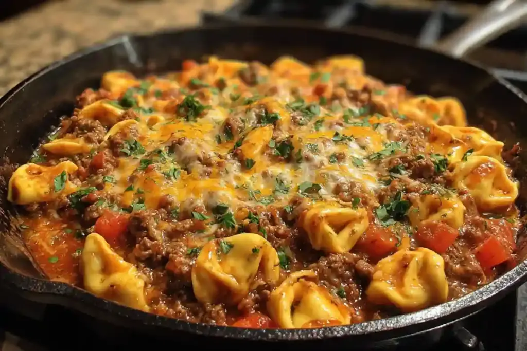Cheesy Enchilada Beef Tortellini Skillet