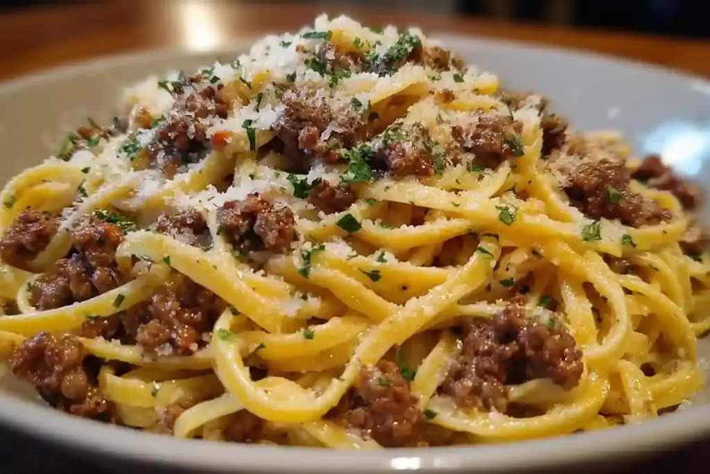 Savoury Garlic Butter Ground Beef Linguine in Creamy Parmesan Sauce