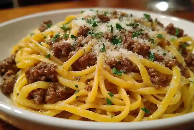 Savoury Garlic Butter Ground Beef Linguine in Creamy Parmesan Sauce