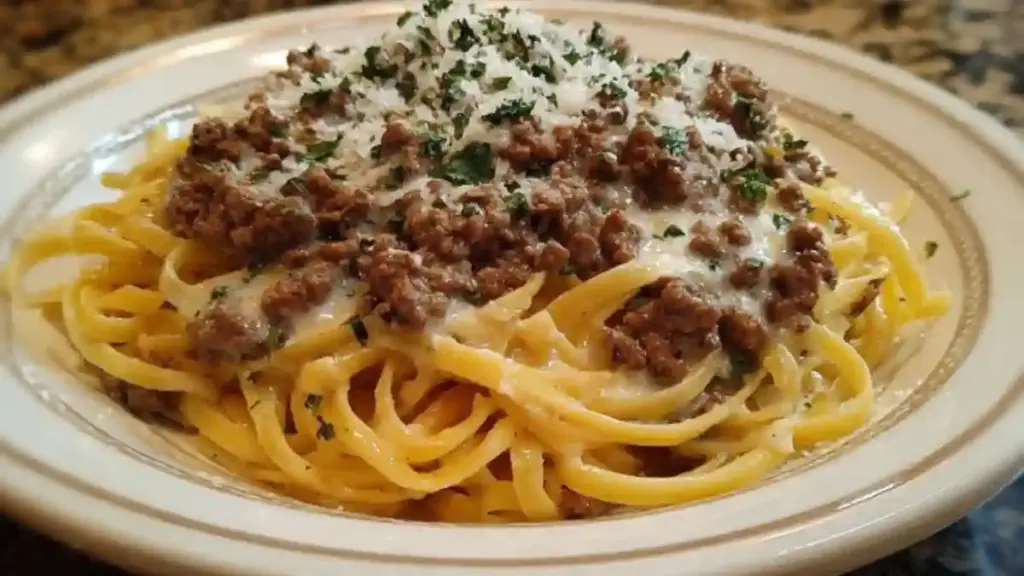 Savoury Garlic Butter Ground Beef Linguine in Creamy Parmesan Sauce