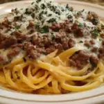 Savoury Garlic Butter Ground Beef Linguine in Creamy Parmesan Sauce