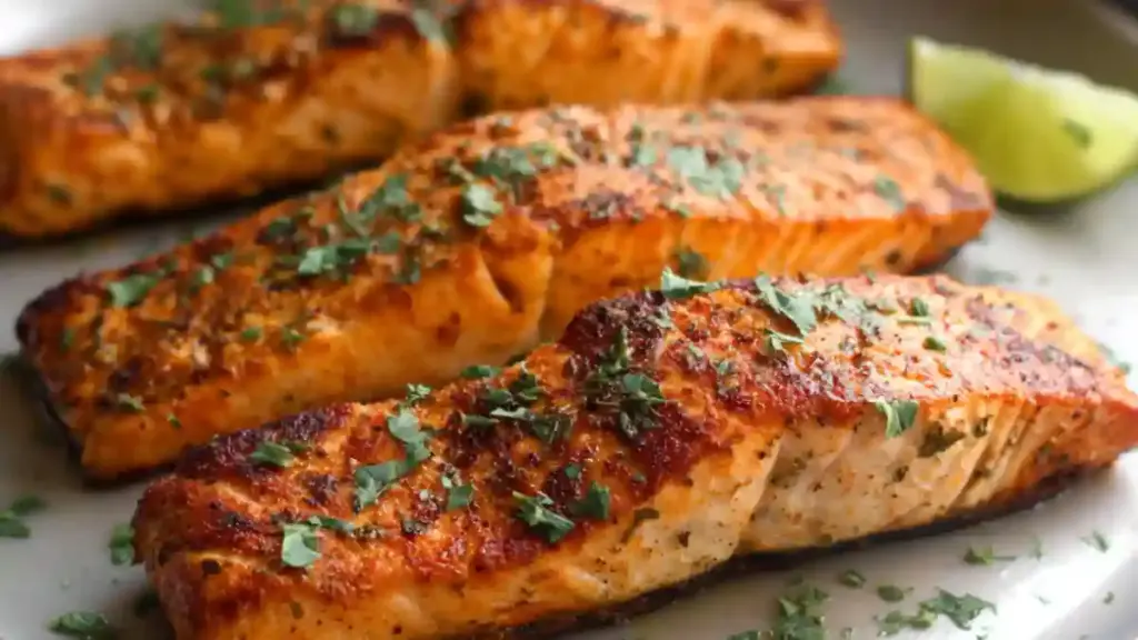 Delicious broiled salmon fillet garnished with herbs and lemon slices