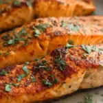 Delicious broiled salmon fillet garnished with herbs and lemon slices