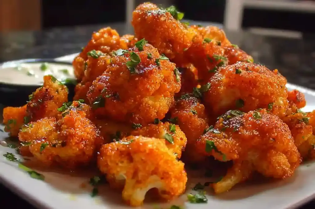 Buffalo Cauliflower Poppers served on a platter with dipping sauce