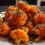 Buffalo Cauliflower Poppers served on a platter with dipping sauce