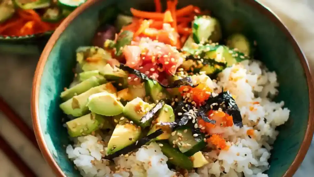 California Roll Sushi Bowl with crab, avocado, and cucumber served in a bowl.