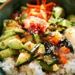 California Roll Sushi Bowl with crab, avocado, and cucumber served in a bowl.