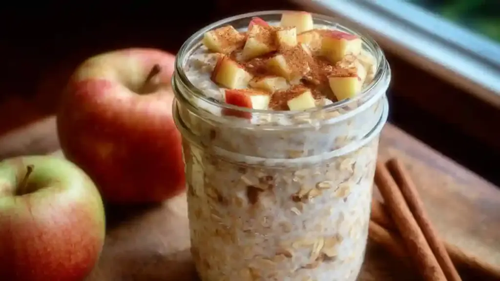 Cinnamon apple overnight oats topped with fresh apple slices and cinnamon
