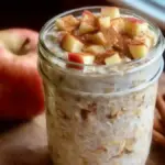 Cinnamon apple overnight oats topped with fresh apple slices and cinnamon