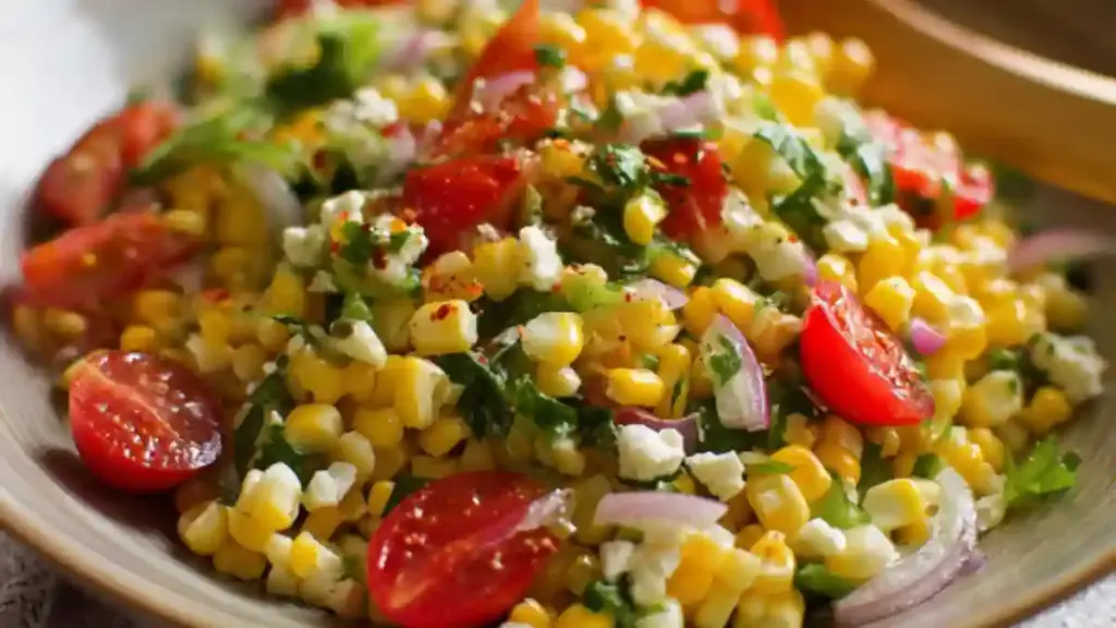 Fresh corn salad with colorful vegetables and herbs in a bowl