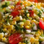 Fresh corn salad with colorful vegetables and herbs in a bowl