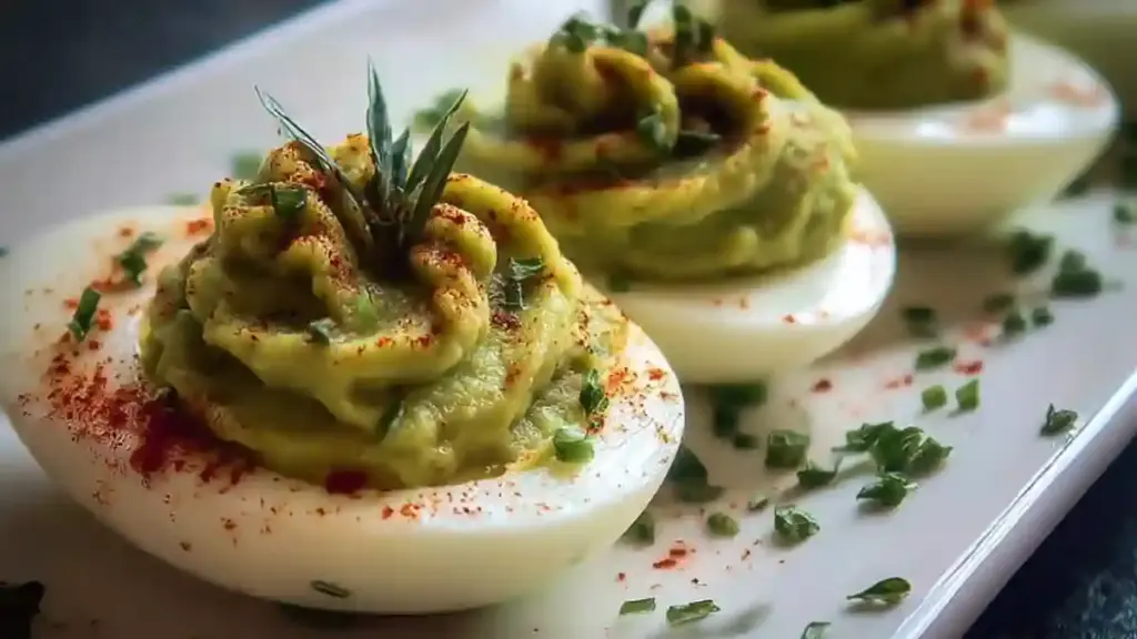 Creamy avocado deviled eggs garnished with herbs on a plate.