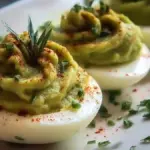 Creamy avocado deviled eggs garnished with herbs on a plate.