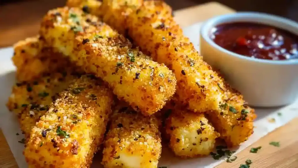 Plate of crispy baked mozzarella sticks with marinara sauce