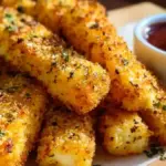 Plate of crispy baked mozzarella sticks with marinara sauce