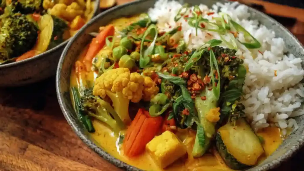 Delicious easy coconut curry veggie bowls served in a colorful dish