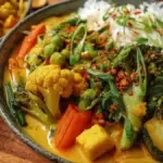 Delicious easy coconut curry veggie bowls served in a colorful dish