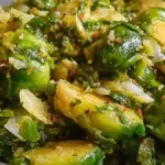 A serving of Garlic Butter Brussels Sprouts topped with fresh herbs