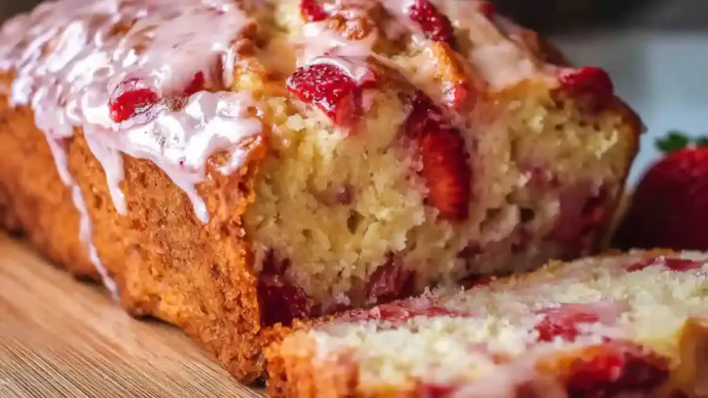 Homemade strawberry bread loaf fresh out of the oven