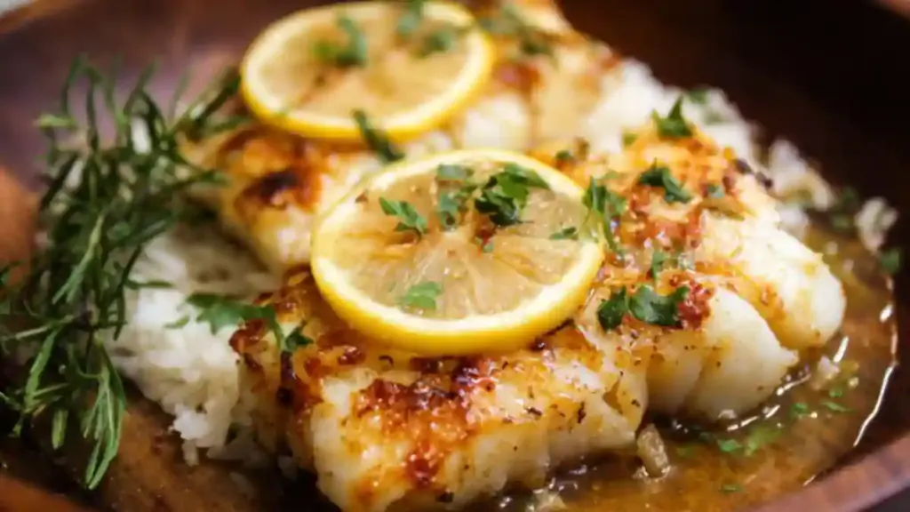 Lemon Butter Cod recipe with buttery sauce and garnished lemon slices.