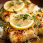 Lemon Butter Cod recipe with buttery sauce and garnished lemon slices.