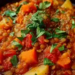 Bowl of hearty Lentil Vegetable Stew with assorted vegetables and lentils