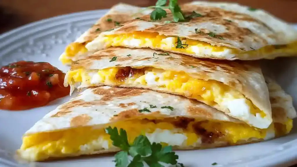 Mini egg and cheese quesadillas served with salsa on a plate