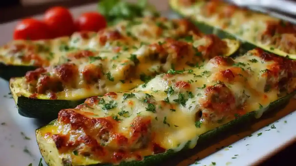 Mummy Stuffed Zucchini Boats filled with savory ingredients for a spooky Halloween dish.