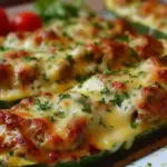 Mummy Stuffed Zucchini Boats filled with savory ingredients for a spooky Halloween dish.