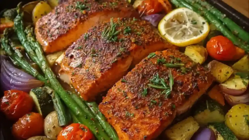 One-Pan Cajun Salmon with colorful vegetables on a plate