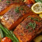 One-Pan Cajun Salmon with colorful vegetables on a plate